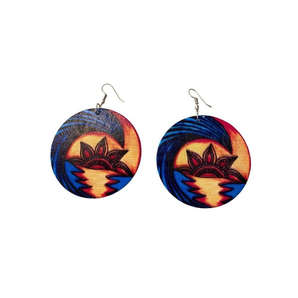 Vintage Balsa Wood Lightweight Painted Statement Earrings 2.4" Diameter